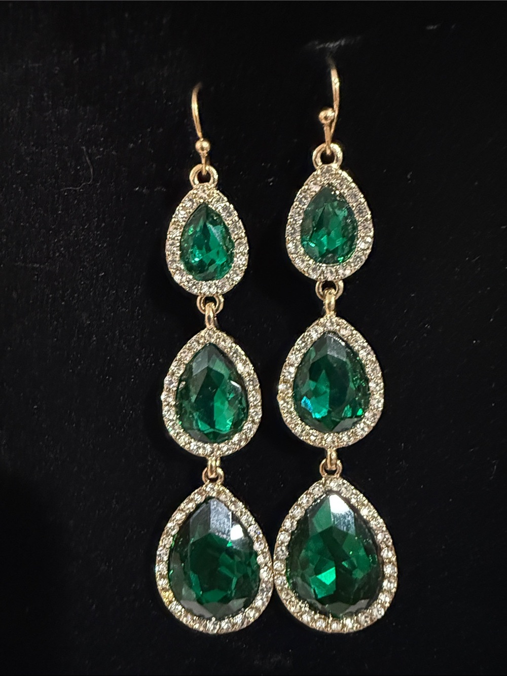 Gold-Tone Emerald Green Triple Teardrop Dangle Earrings